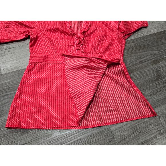 Ann Taylor Loft Red & White Polka Dot Short Sleeve Blouse V Cut & Side Zip - Picture 3 of 9